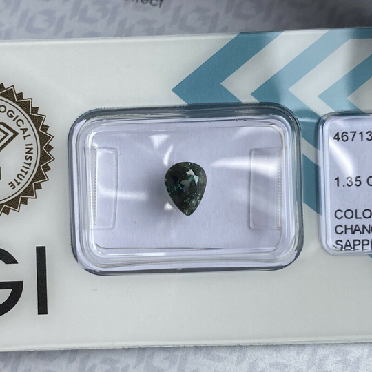 Unheated 1.35Ct Colour Change Sapphire Green Blue Igi Certified Pear Cut Gem