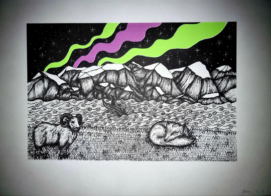 A3 Northern Lights Reykjavik Iceland Screen Print, Folkart, Pen & Ink, Linework, Dot Work, Wall Art, Decor, Half Tone Aurora Borealis