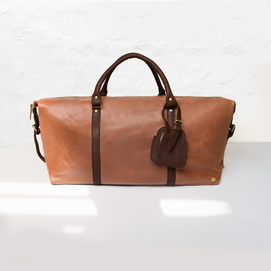 Personalized Large Leather Weekend Duffle - Holdall Overnight Bag Weekender in Brown & Dark Two-Tone By Mahi