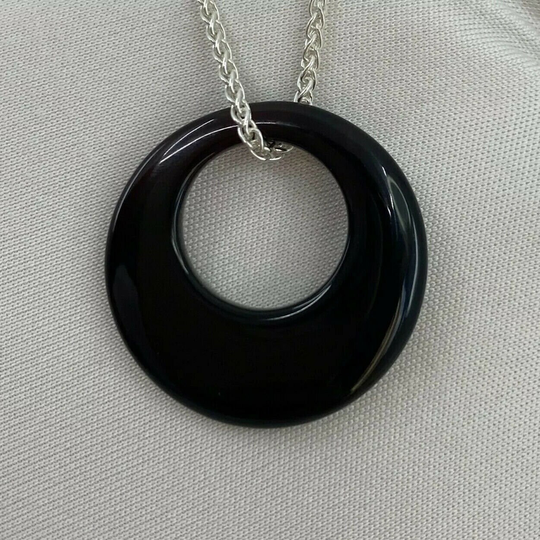10.22Ct Black Onyx Circle Sterling Silver Spiga Chain Pendant Necklace