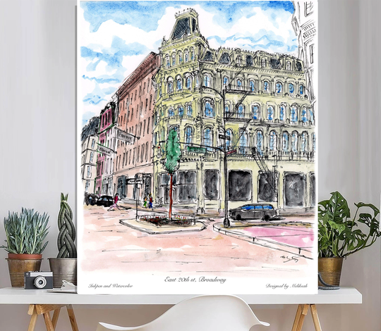 East 20Th Street , Broadway , Soho, New York Buildings, Spring & Lovers , Newyork, Manhattan, Watercolor Printed Frame