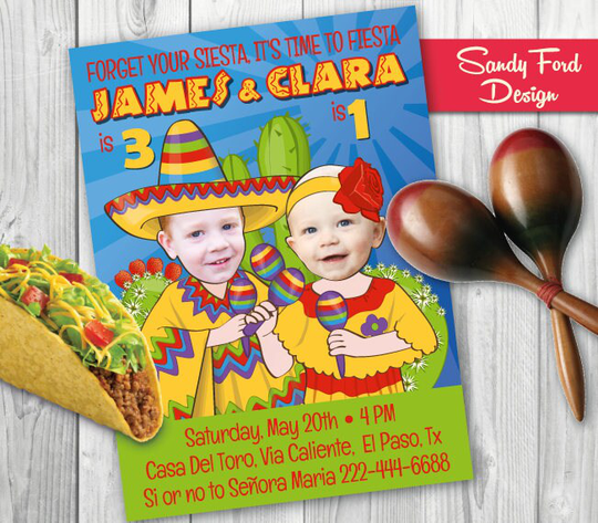 Mexican Fiesta Birthday Party Invitation For 2 Children - Personalized With Your Photo Digital File