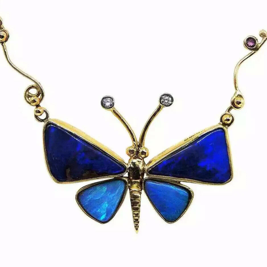 Unique Handmade Australian Black Opal Diamond & Sapphire Butterfly Gold Necklace