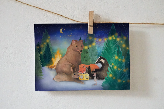 Cozy Winter Card With Forest Animals Listening Music | Illustration, Christmas Card, Postcard, Greeting Watercolor, Holidays, Hygge