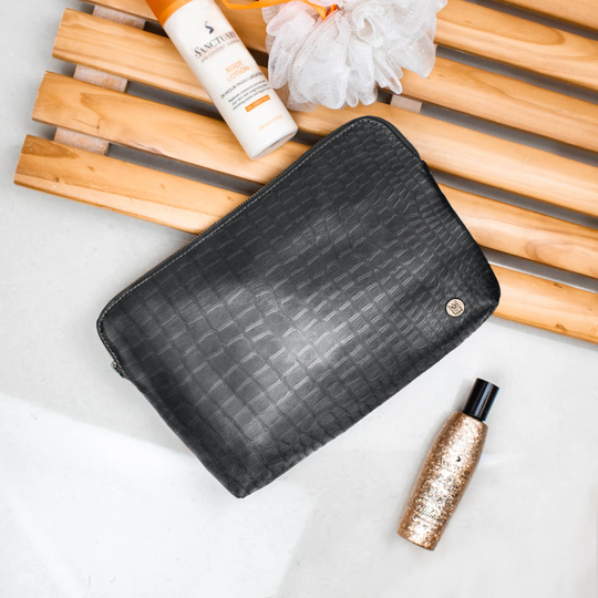 Personalized Large Black Crocodile Print Leather Cosmetics Bag Makeup Bridesmaids Gift For Her in Premium Full Grain By Mahi