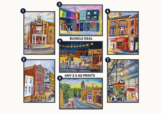Any 3 X A5 Leeds Artwork Prints, Mix & Match Set, Bundle, Gallery Wall Display