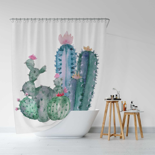 Western Shower Curtain | Green Cactus Flower Plant, Modern Southwestern Home Decor, Guest Bathroom Decor