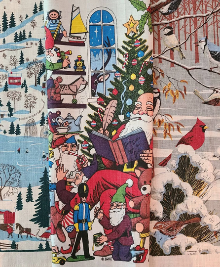 New Vintage Kay Dee Hand Prints Pure Linen Kitchen Tea Towel, Winter Scenes, Birds, Village & Santa's Home