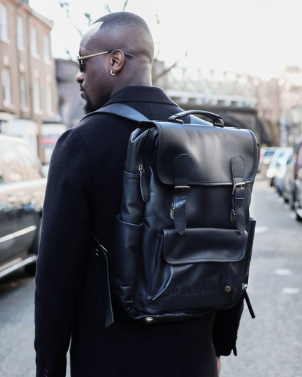 15 Inch Laptop Backpack - Navy Leather Utility Rucksack With Water Bottle Pockets, Compartment, Multi Pockets Personalised