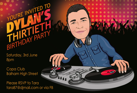 Man's Dj Birthday Party Invitation - 21st 30Th 40Th 50Th 60Th Any Age Illustrated From Your Photo Digital File