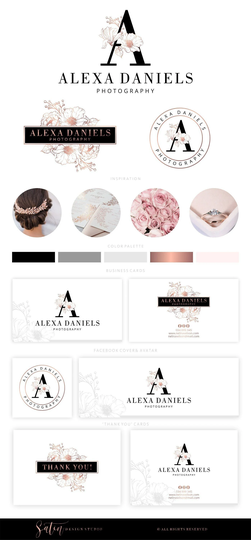 Premade Logo, Photography Branding Package, Flowers Watercolor Logo Design, Rose Gold Kit, Initials