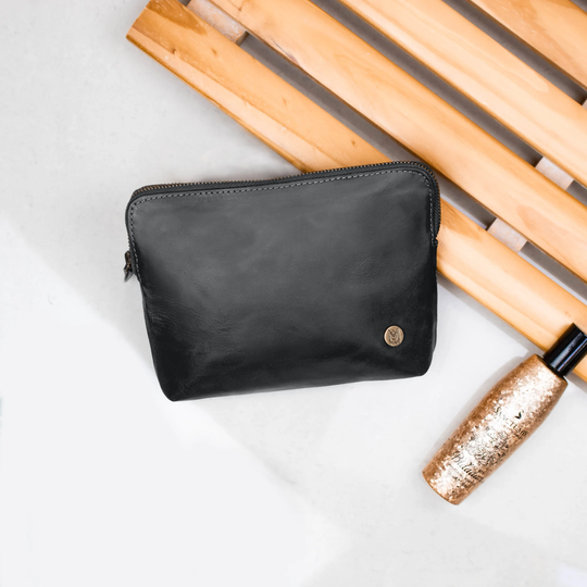 Personalized Small Black Leather Cosmetics Bag Makeup Bridesmaids Gift For Her in Premium Buffalo By Mahi