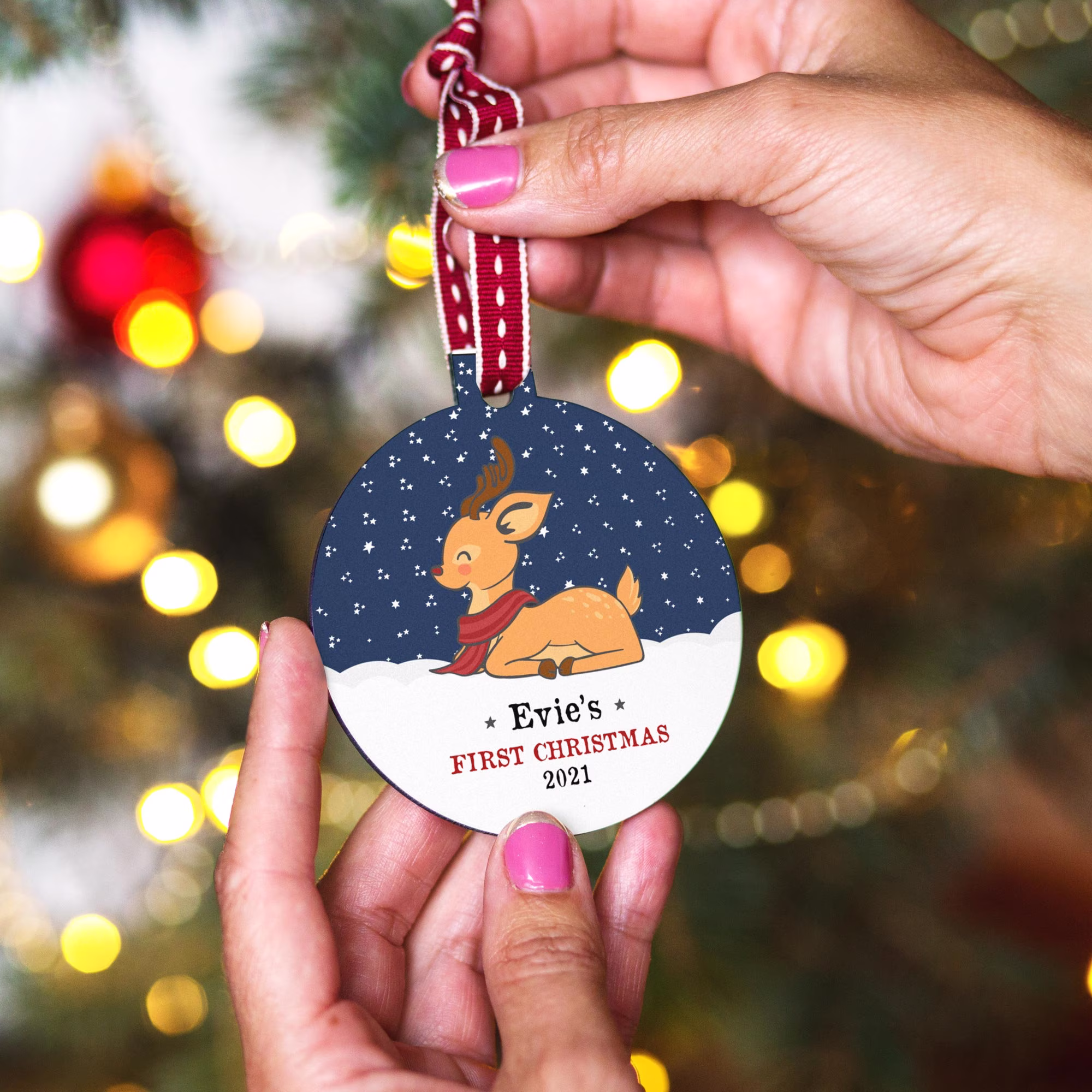 Personalised Baby's First Christmas Bauble, Custom Baby Deer Tree Decoration