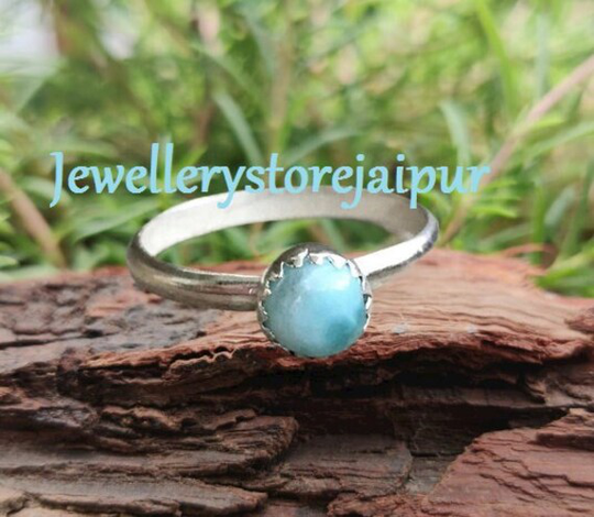 Natural Larimar 925 Sterling Silver Rings For Women, Top Quality Mini Ring, Cabochon Baguette Gemstone, Dainty Vintage, Anniversary Gift