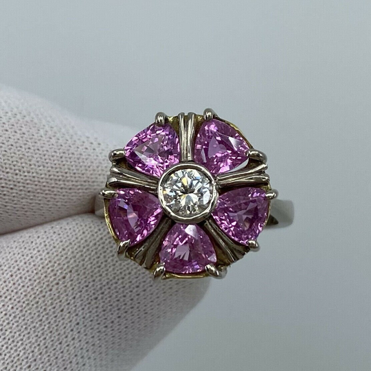 2.34Ct Pink Sapphire & Diamond 18K White Gold Flower Art Nouveau Cocktail Ring