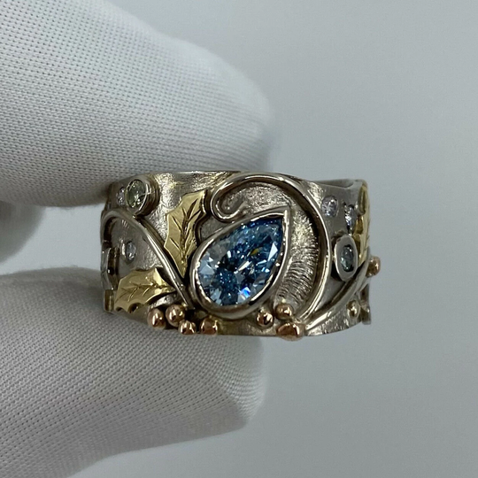 Igl Certified Fancy Blue Diamond Handmade Unique 18K Gold Snowflake Winter Ring