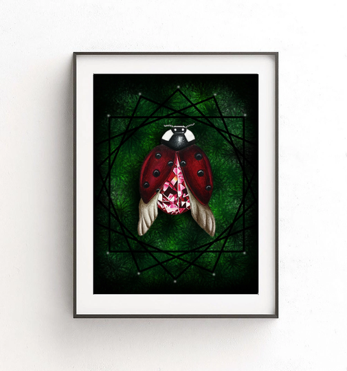 Crystal Ladybug Art Print | Colored Pencil Photoshop Home Decor
