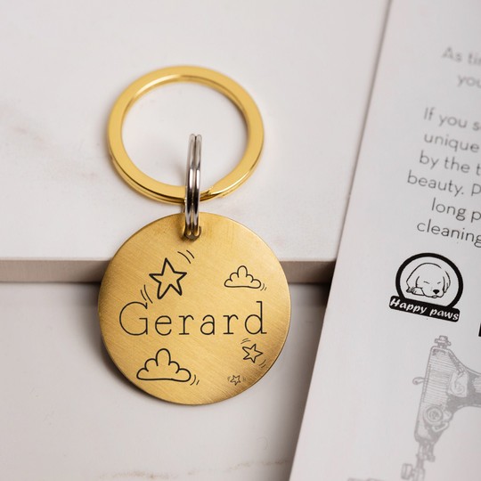 Custom Metal Collar ID Tag, Personalized Graphic Art Dog Pet Tag Engraved, Brass Copper Happy Paws