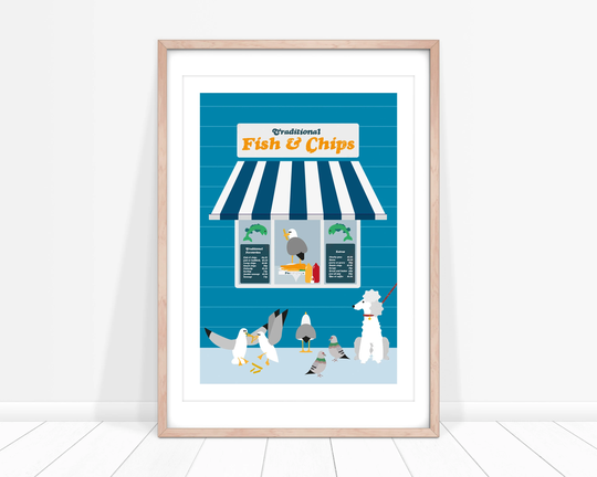 Fish & Chip Shop Print, Seagull Illustration, Cheeky Poster, Kids Seaside Drawing, British Kiosk