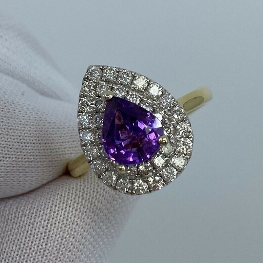 2.60Ct Fine Purple Sapphire & Diamond 18K Yellow White Gold Pear Cut Halo Ring