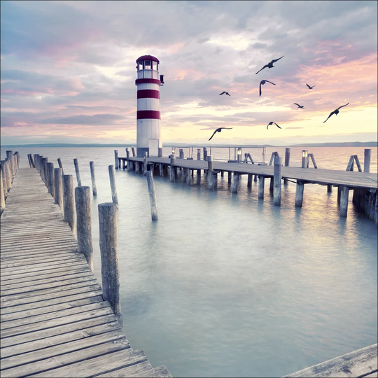 White & Red Lighthouse - Graphic Art Print on Glass