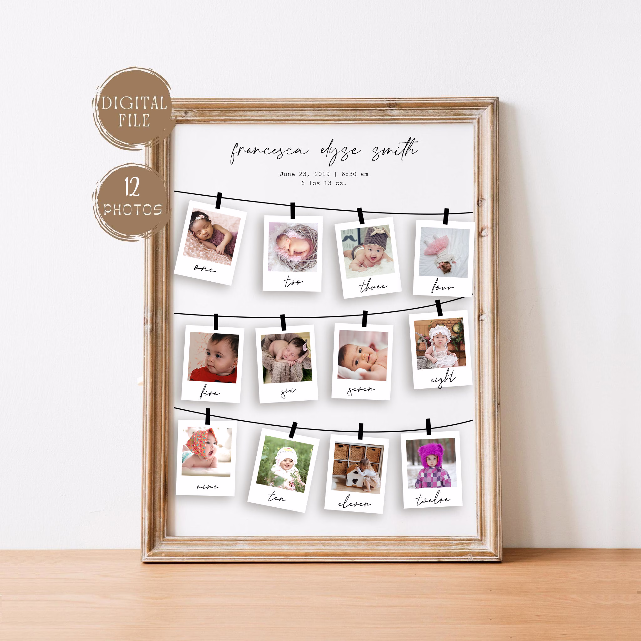 Printable 1st Birthday Baby Photo Collage | Year Milestone 12 Months Instax Inspired Gift