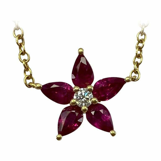 1.50Ct Fine Deep Red Ruby & Diamond 18K Yellow Gold Flower Pendant Necklace