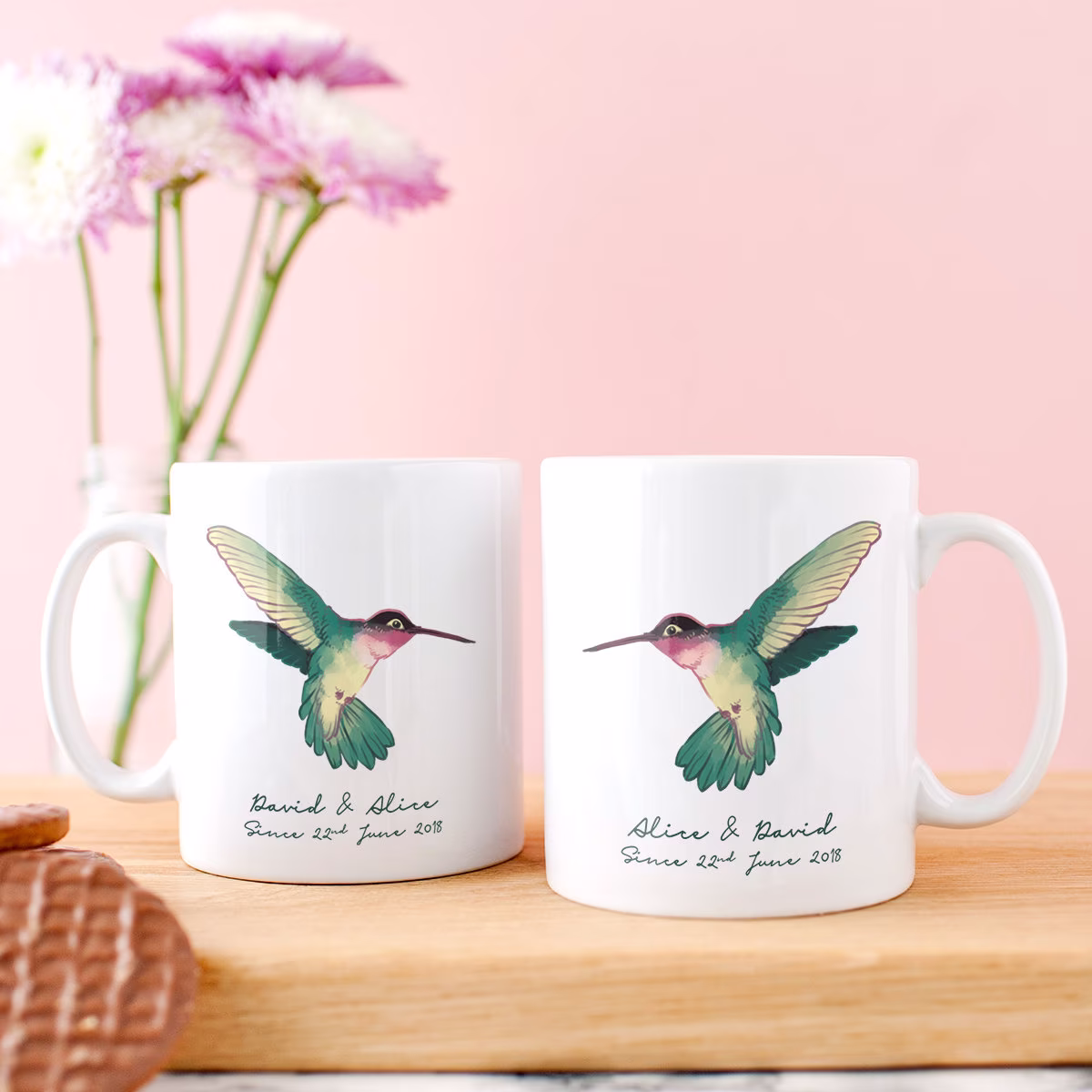 Couple Mug Set, Hummingbirds Print, Personalised Hummingbird Lovers Gift, Anniversary Gift For Couples