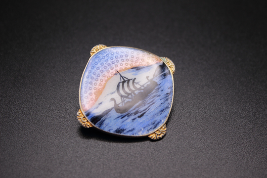 Edvin Kristiansen Brooch - A Norwegian Sterling Silver & Guilloche Enamel Feat. A Viking Longboat in Fjord Free Delivery