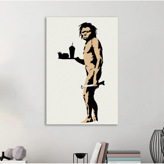 Caveman with Fast Food by Banksy - Wrapped Canvas Graphic Art Print