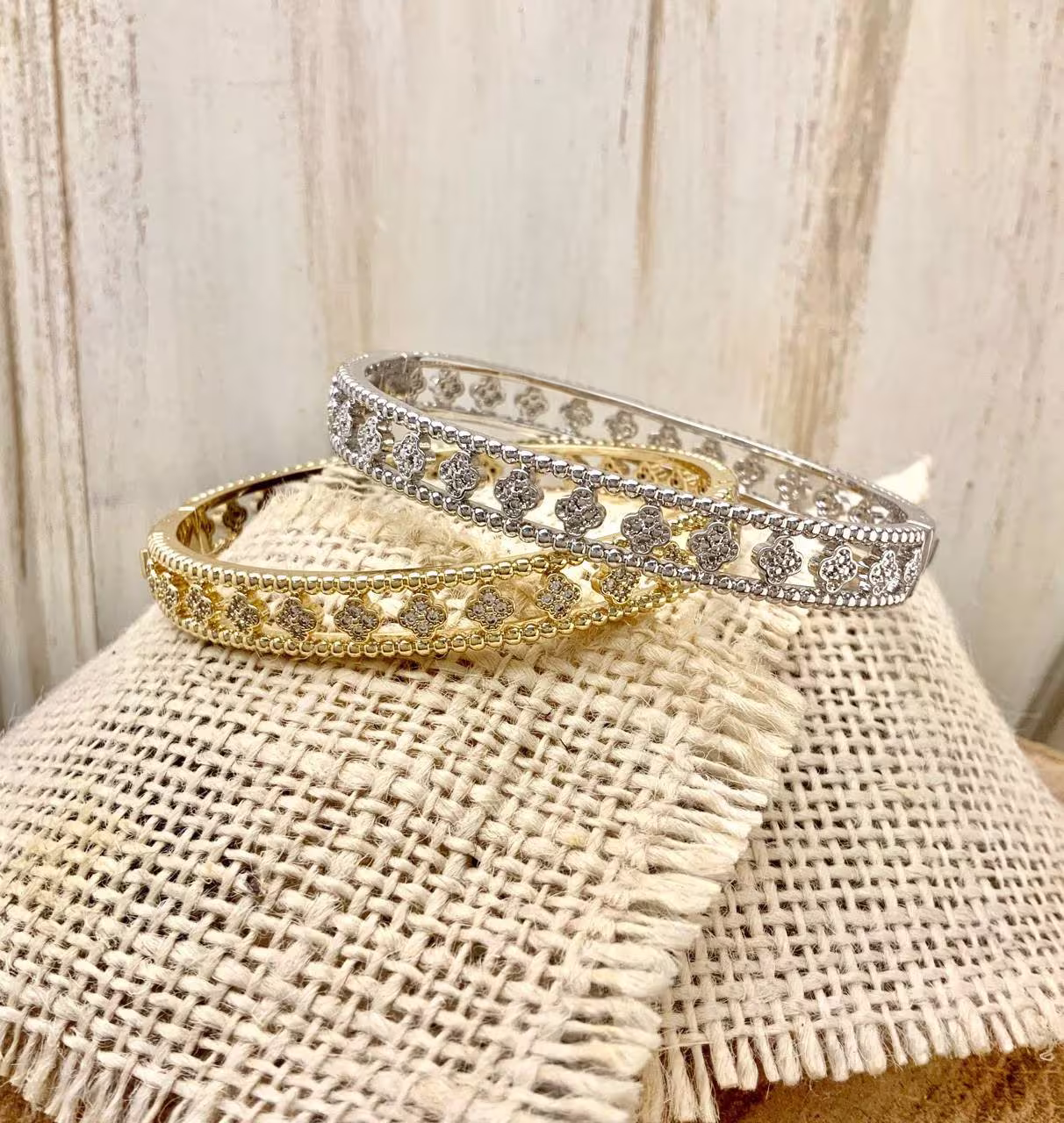 All Around Clover 4 Leaf Pave Cubic Zirconia Bangle Bracelet Gold Plated Stackable Shinny Pop