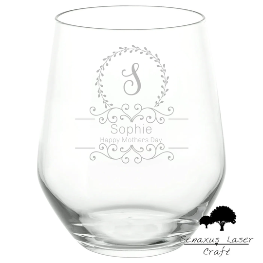 Personalised Wedding Wreath Design Stemless Wine/Spirit Glass. Stunning Gift For All Events