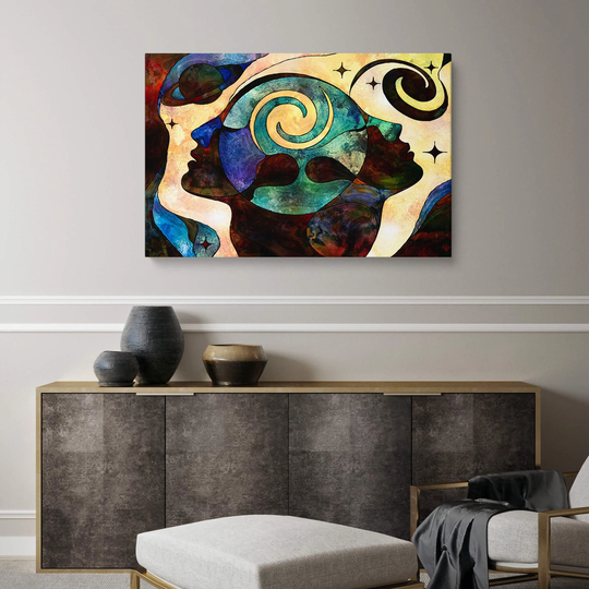 Abstract Canvas Wall Art Large Prints, Soul Mate Heads Print, Spiritual Artwork, Modern Giclée Print