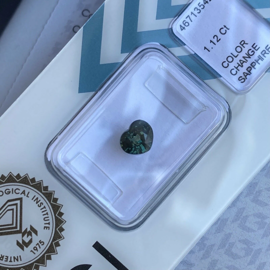 1.12Ct Unheated Colour Change Sapphire Green Blue Igi Certified Heart Australian