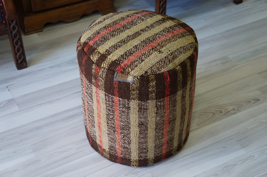 Rustic Wool Handmade Brown Beige Ethnic Pouf Round Decorative Ottoman Vintage Floor Chair Foot Stool Kilim Rug Natural