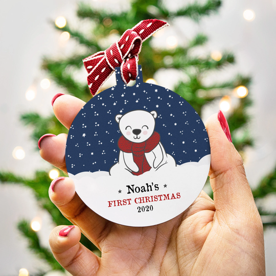 Baby's First Christmas Bauble - Polar Bear Personalised Cute Illustrated Decoration Custom Tree Ornament