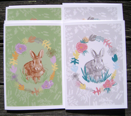 Set Of 4, Greeting Card, Chestnut's Flower Garden Assortment, Blank Inside, Envelope, Made in Usa, Bunny, 5" X 7