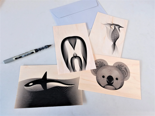 Set Of 4 Wooden Postcards & Envelope. These Are Ideal For Display As Well Sending A Note To That Someone Special