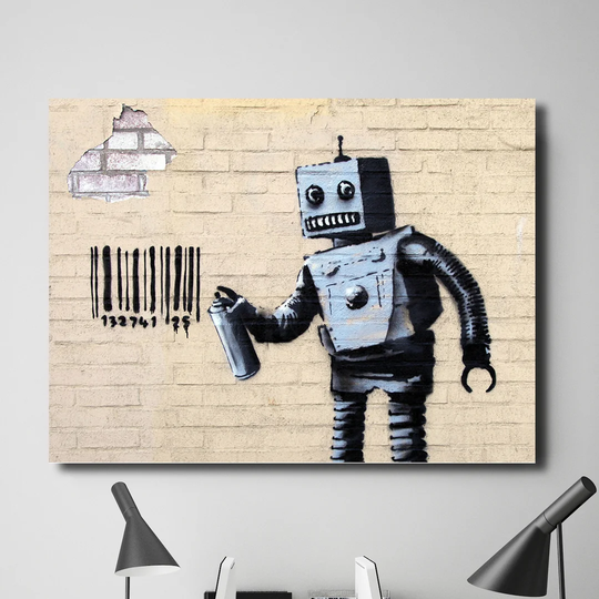 Robot Tagging by Banksy - Wrapped Canvas Graphic Art Print