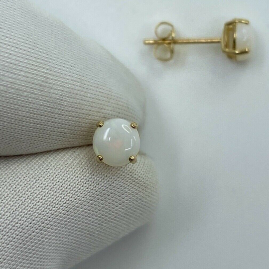 Natural White Opal Earrings Gold Studs 9K Round Cabochon Cut 5mm Play Of Colour