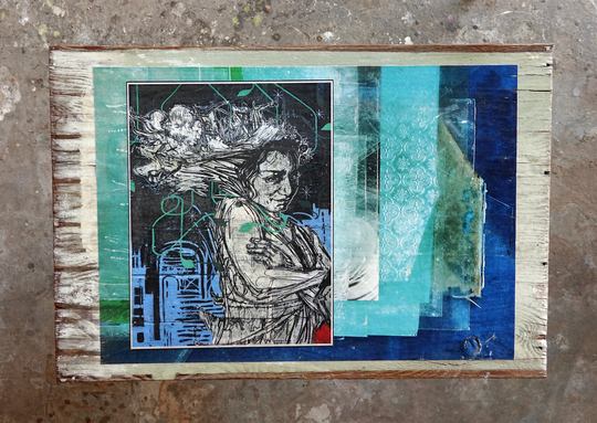 Chad Dugas Original Nyc 2004 Swoon Street Art Photography. Mounted On Reclaimed Antique Wood. Beautiful Decay. Urban Abstract
