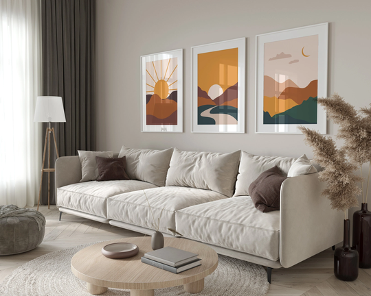 Abstract Sunset Landscape Set Of 3 Unframed Wall Print, Desert Mountains Art, Home Décor, Nature Graphic Art
