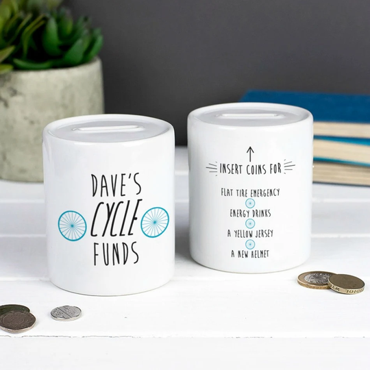 Personalised Money Box For Cyclist, Gift For Dad
