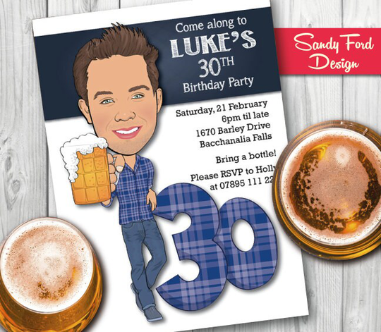 Man's 30Th Birthday Party Invitation - Beer Illustrated From Your Photo Digital File