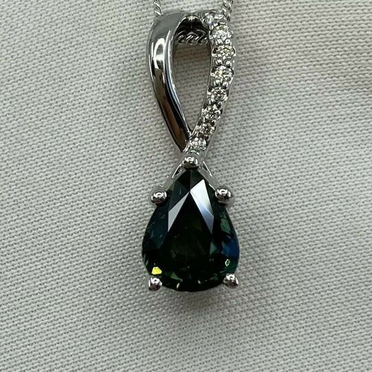 1.50Ct Australian Green Blue Sapphire & Diamond 18K White Gold Pendant Necklace
