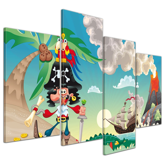 Pirate on Island Cartoon 4-Piece Children's Graphic Art on Canvas Set