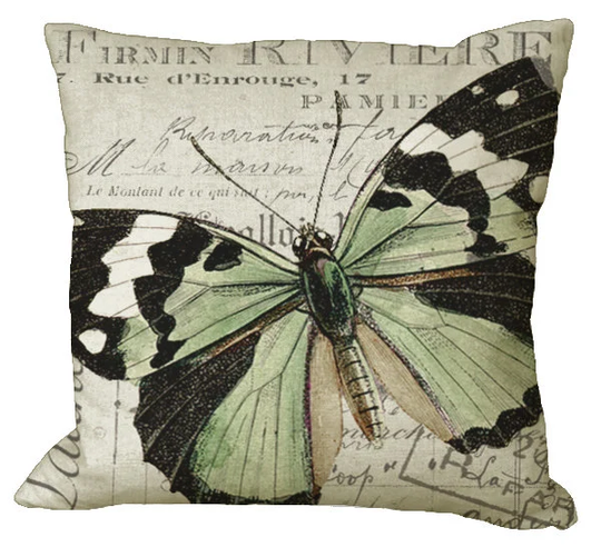 Soft Black White & Green Butterfly Pillow Cover in Choice Of 14x14 16x16 18x18 20x20 22x22 24x24 26x26 Inch