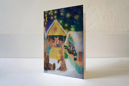 Magical Winter Card With Forest Animals & Christmas Market | Illustration, Card, Postcard, Greeting Watercolor, Holidays