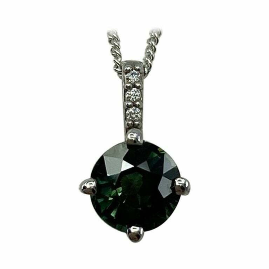 1.05Ct Untreated Green Blue Sapphire 18K White Gold Diamond Surround Set Pendant