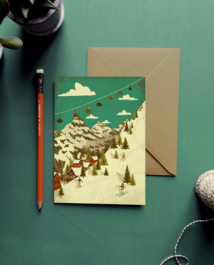 Skiing Christmas Illustration Greeting Card Set